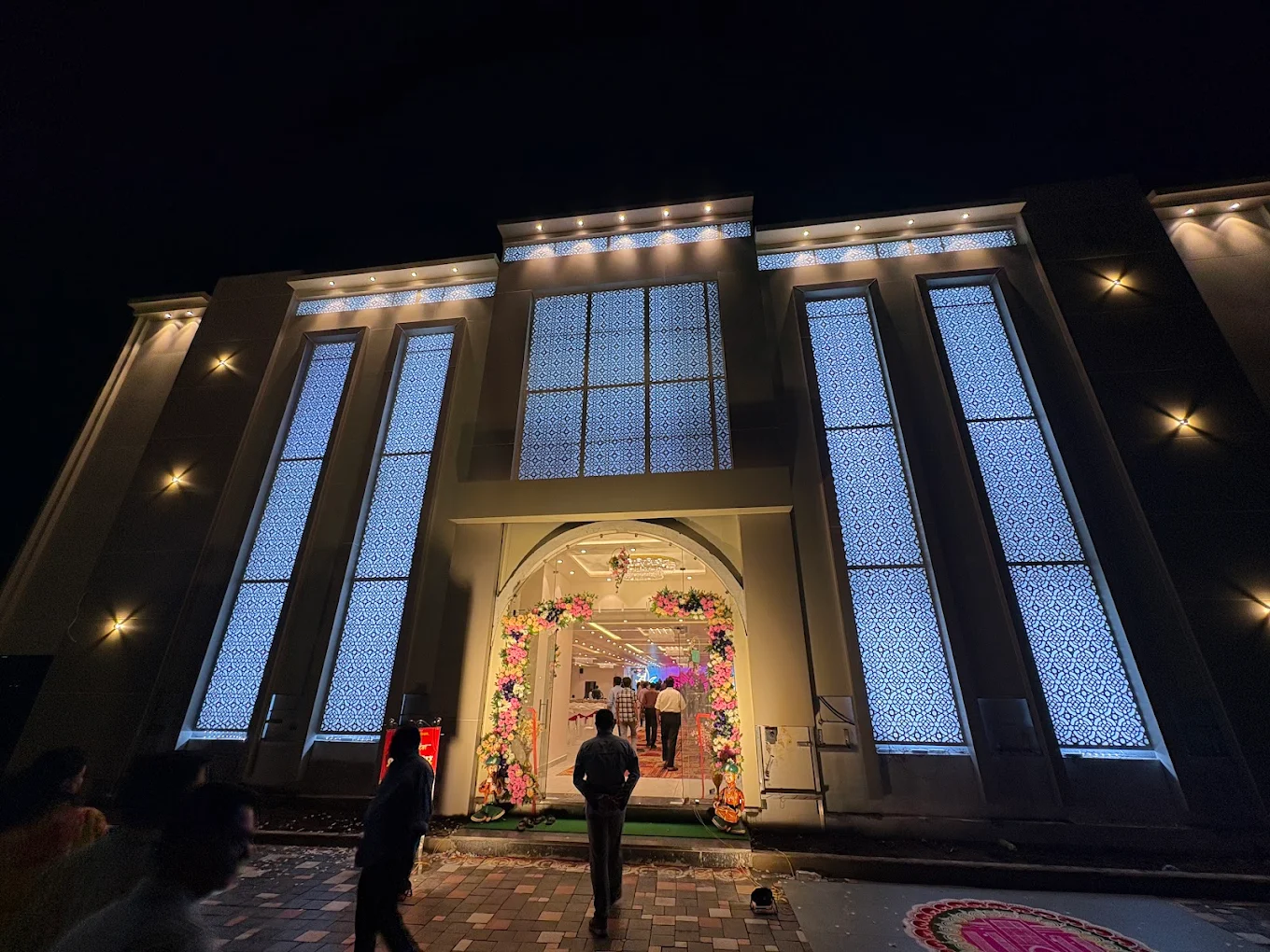 Shree Saishwar Grand Hall, banquet hall in Tarsa, illuminated entrance during a wedding evening